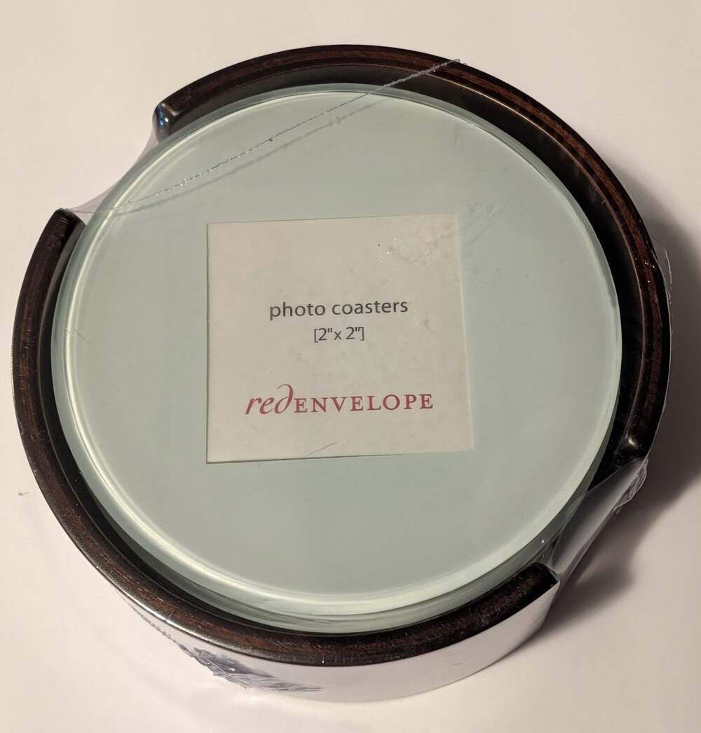 RedEnvelope Glass Photo Coasters Set with Wood Holder Fits 2x2 Pictures NIB